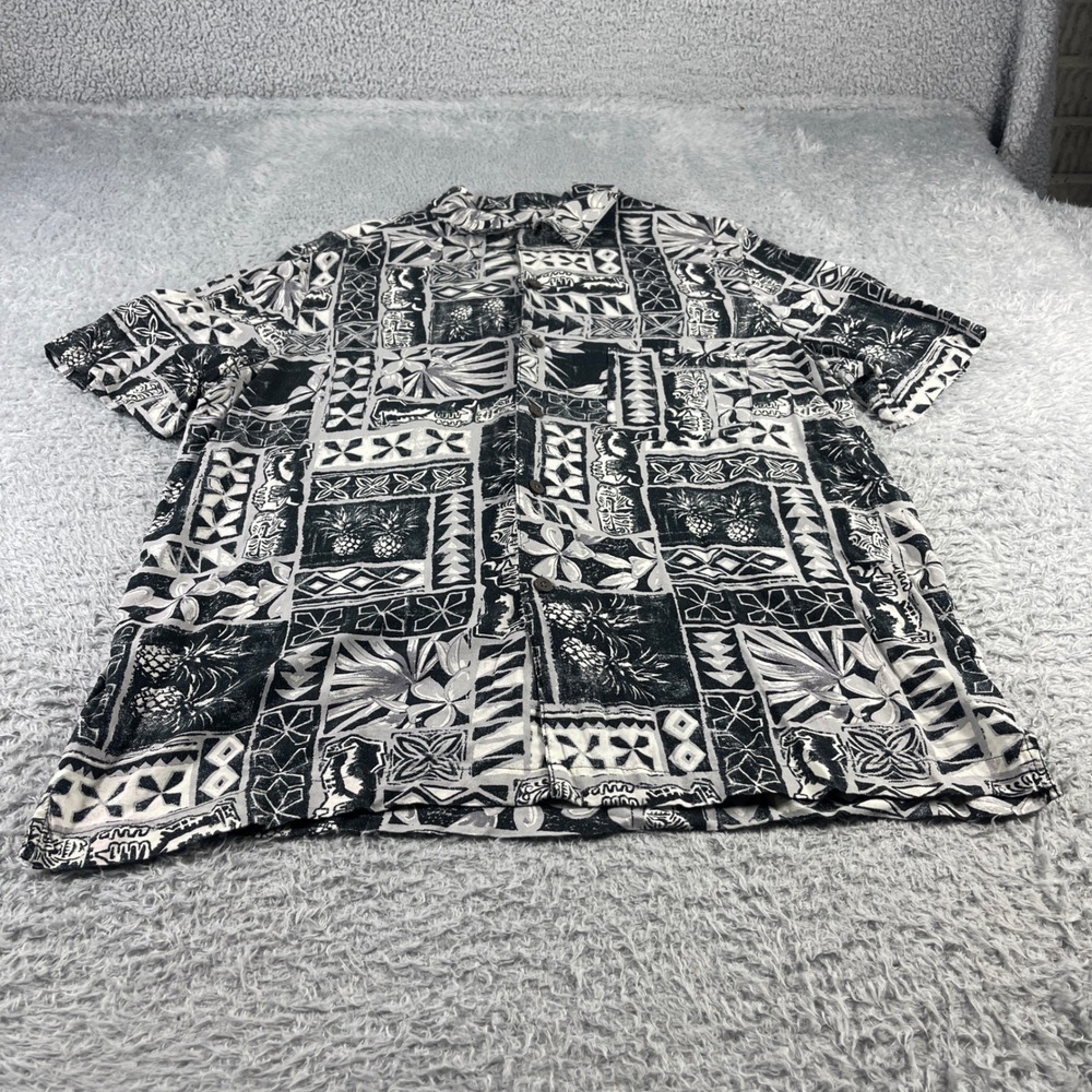 George Mens Aztec Black Tropical Pineapple Rayon Button Down Shirt Large 42-44